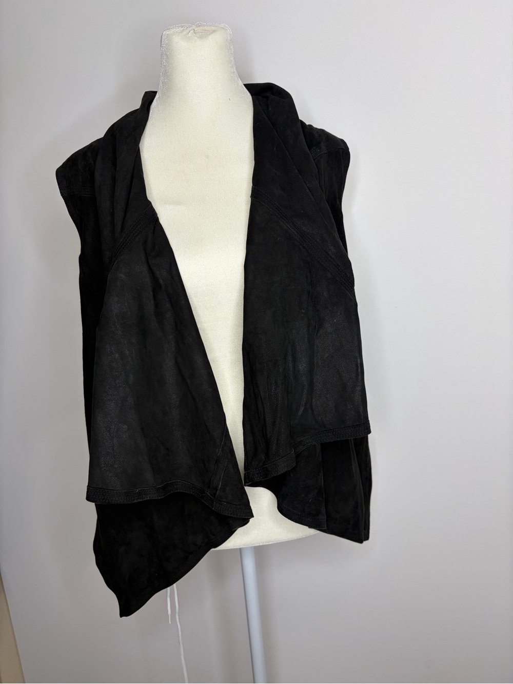 Black Draped Leather  Vest Jacket - Women
